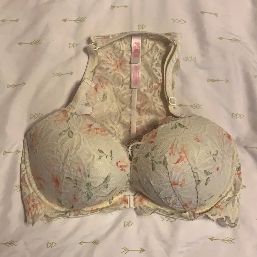 PINK 34DD White Floral Front Clasping Pushup Bra